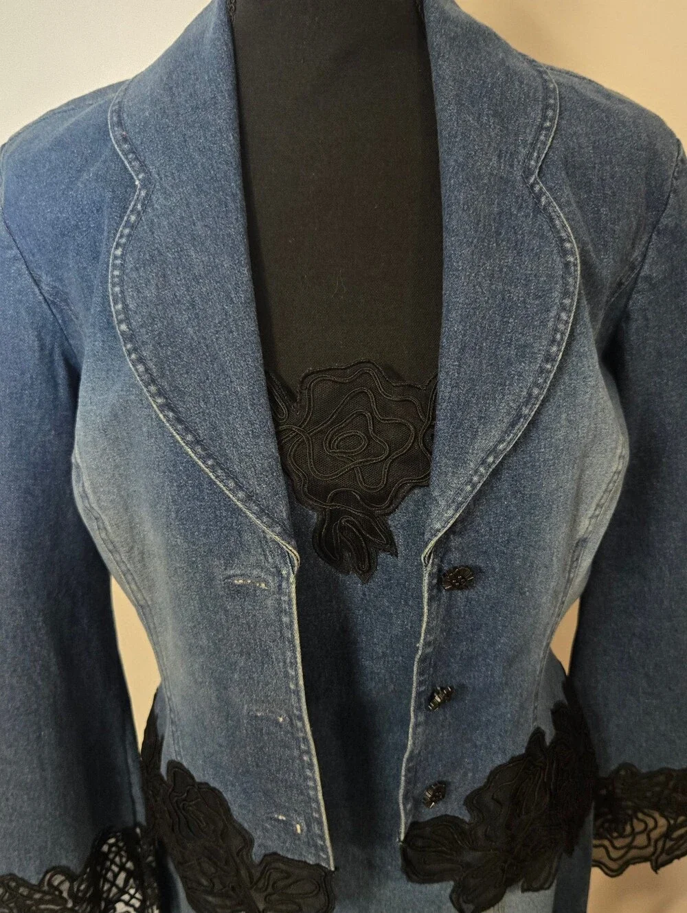 Basix II, Blue Denim Jacket & Skirt Set with Black Lace Trim
